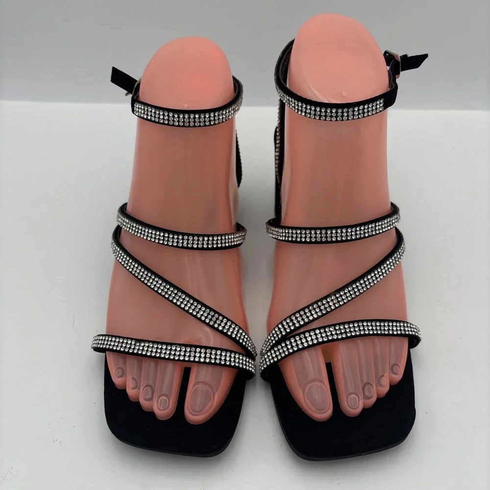 TOP MODA Women's Black/Silver Strappy Rhinestone Ankle Strap Buckle Heel  6.5